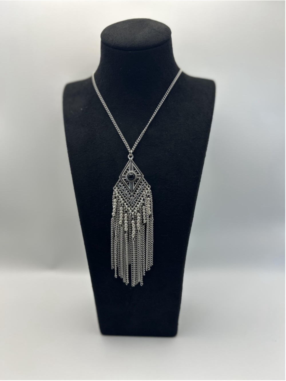 Necklace Silver Tone Geometric Pendant Fringe Tassel Chain Statement 22‎ Inch
